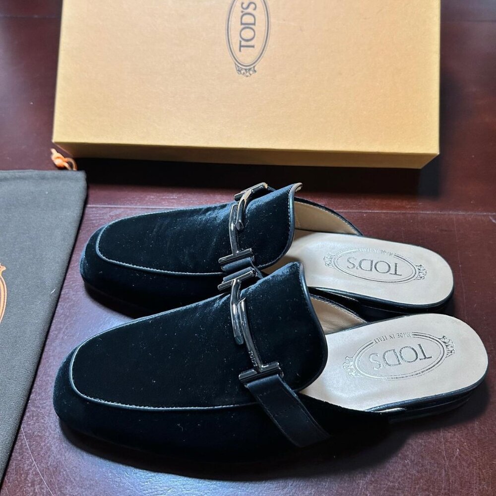 Tod's Velvet and Leather Double T Mules